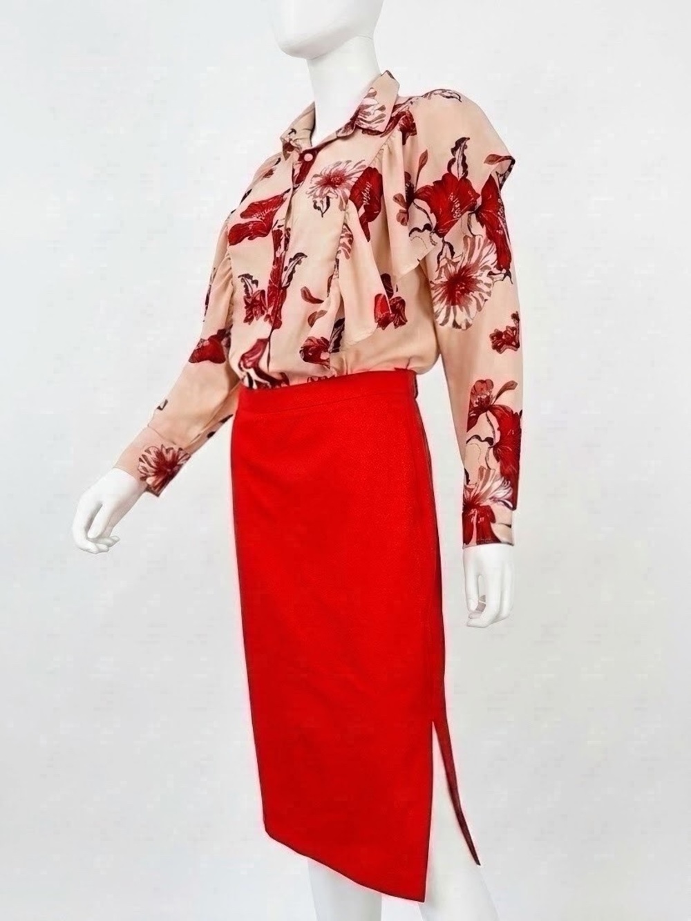 Chic Office Outfit Set: BR Red Pencil Skirt (2) & Floral Ruffle Blouse (S)